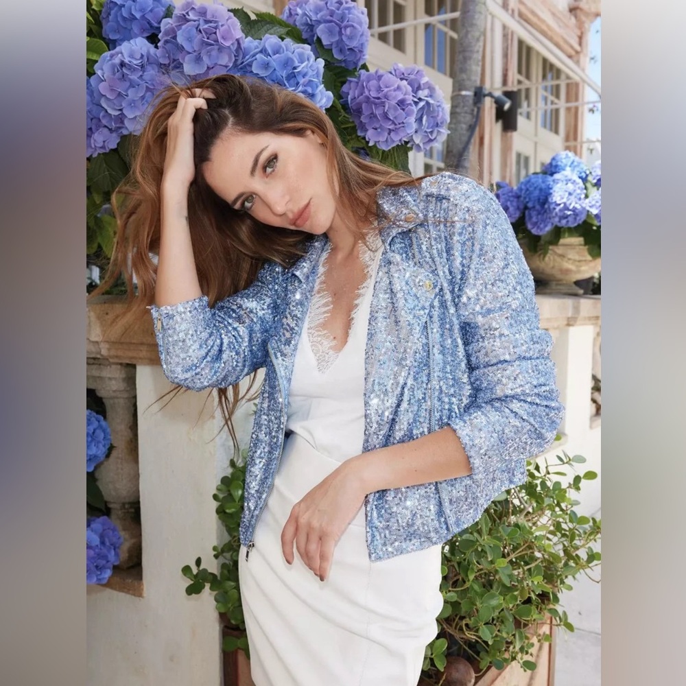 Generation Love Robin Sequin Moto Jacket Long Sleeves Cropped Silver Blue Sz XS